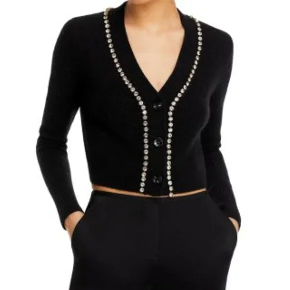 Aqua Black Cashmere V-Neck Cardigan with Rhinestone Trim - Picture 2 of 9
